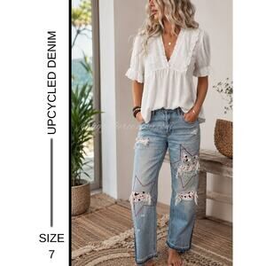 MSRP: $68 | ✨ Upcycled Eucina Baseball Star Distressed Jeans Size 7✨QUICK SHIP